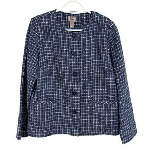 Chicos Blue Tweed Button Front Womens Blazer Jacket w/ Pockets – Size 1 (M/L)